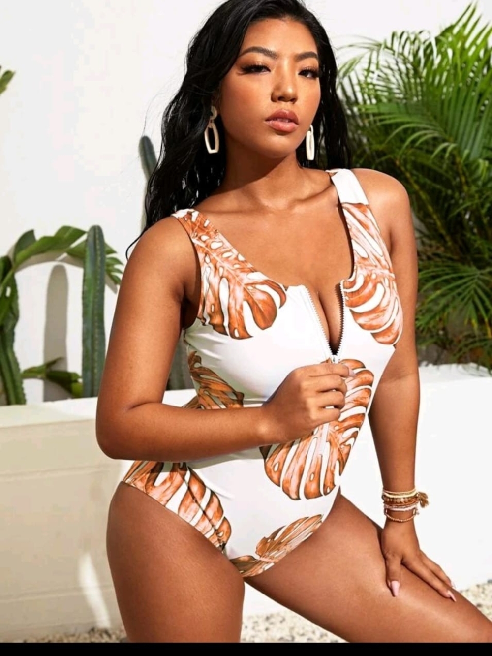 Plus Size Tropical Leaf Zip-Front One-Piece Swimsuit
